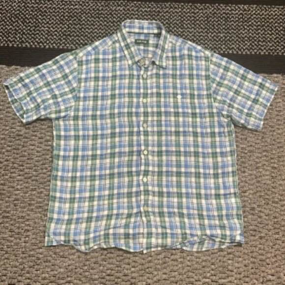Orvis 100% Linen Button Down Shirt Men’s Sz L Plaid Tropical Beach Resort Pool - Picture 1 of 8